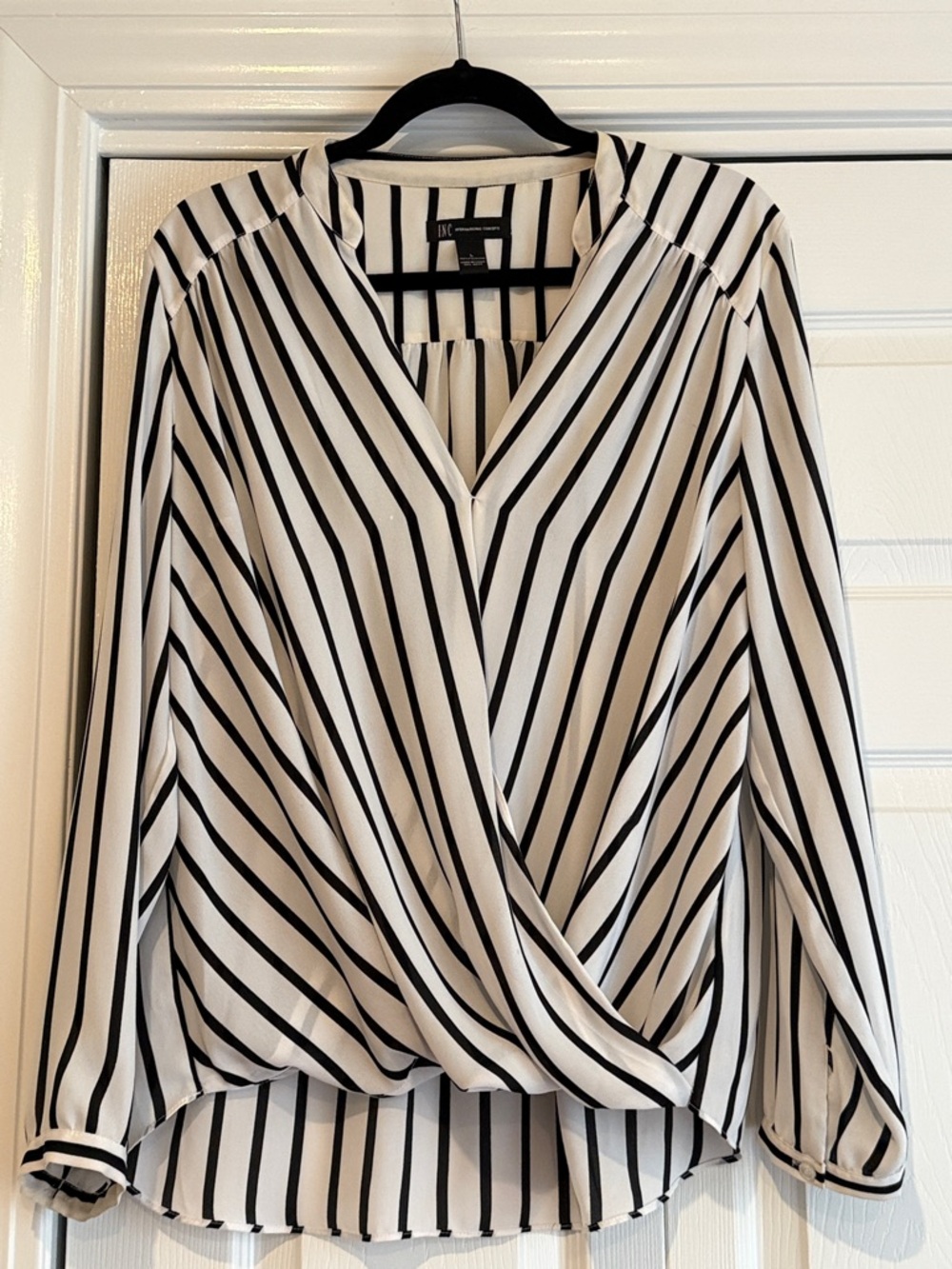 INC International Concepts Black and White Striped Faux-Wrap Blouse